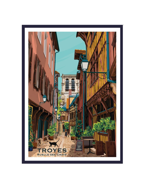 Affiche encadrée vintage Troyes ruelle des Chats