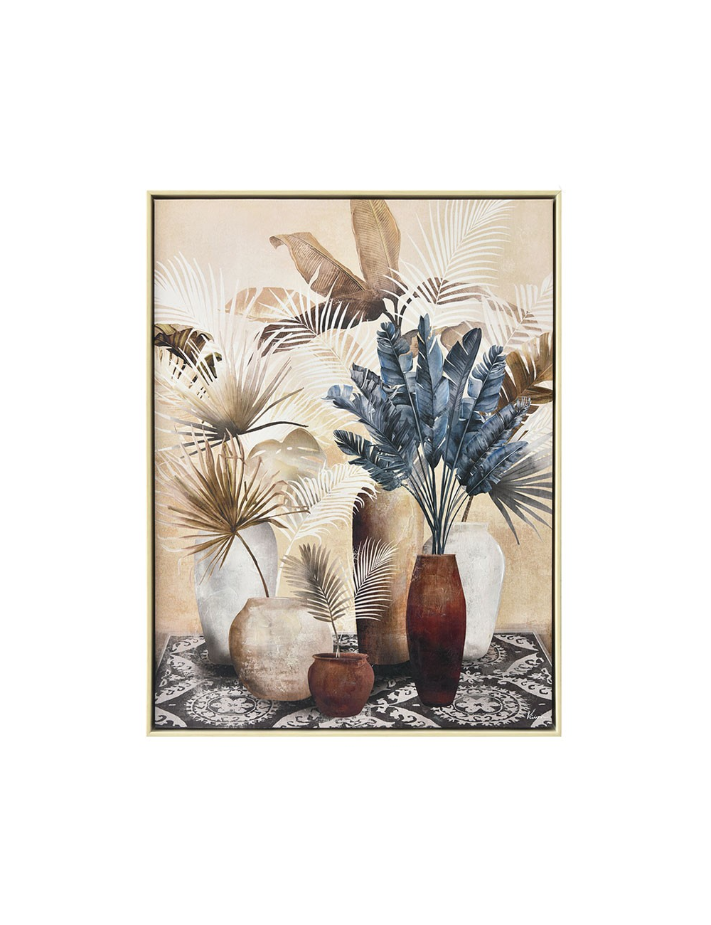 Tableau feuillages beige et bleu – style tropical encadré