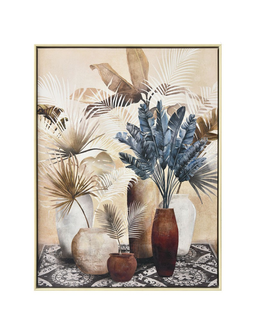 Tableau feuillages beige et bleu – style tropical encadré