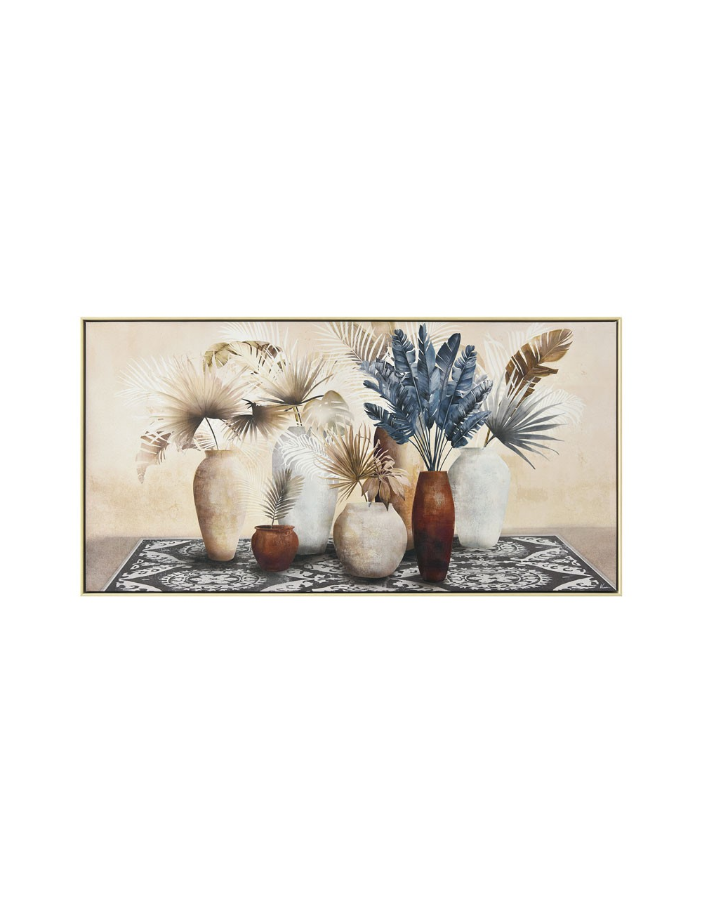 Tableau feuillages bleus et beige – toile 70x140 exotique encadré