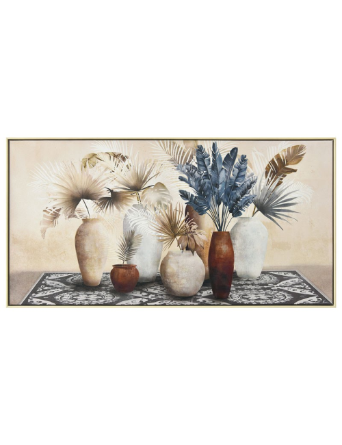 Tableau feuillages bleus et beige – toile 70x140 exotique encadré