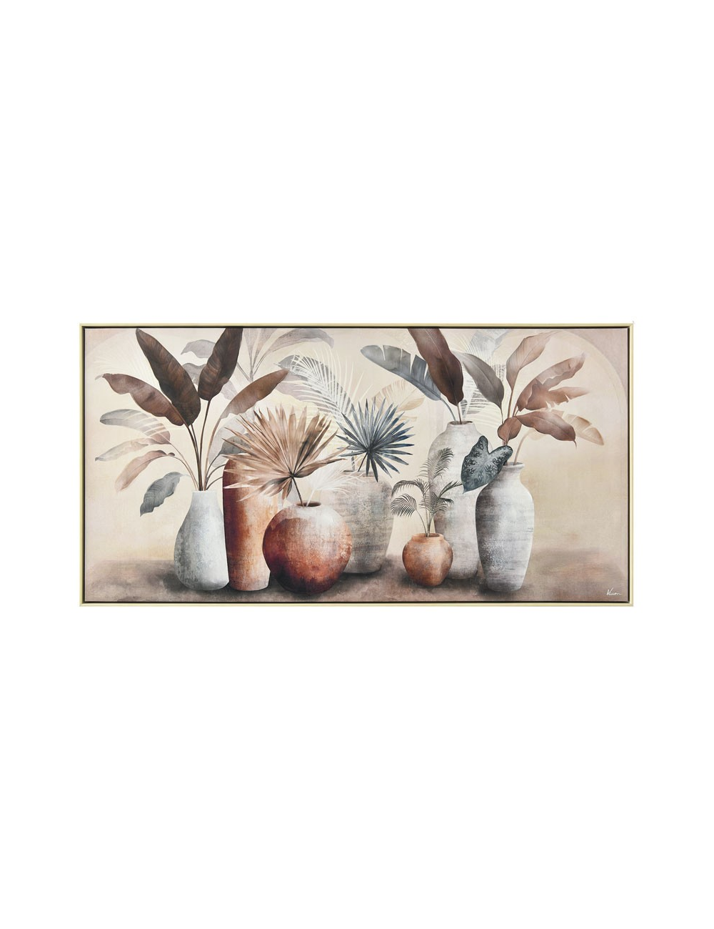 Tableau 70x140 cm feuillages bruns et bleus – vases décoratifs