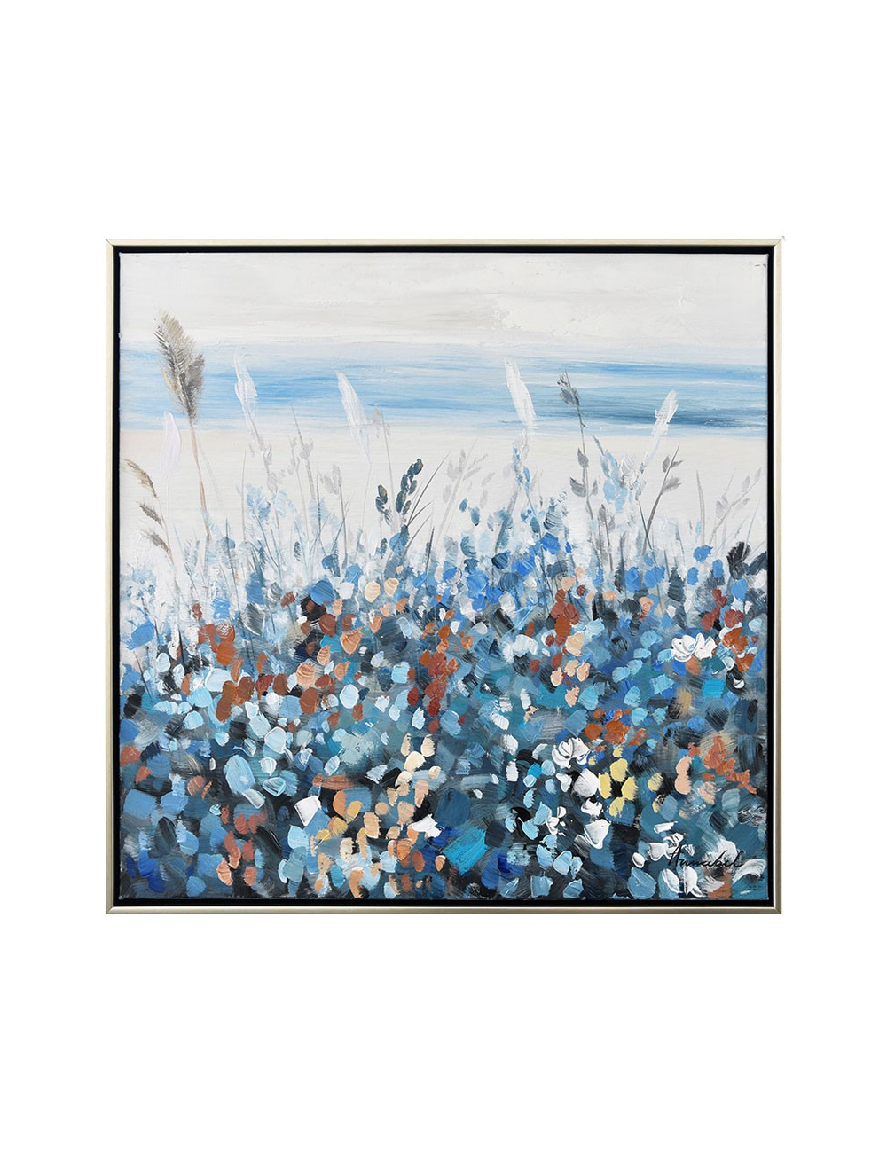 Tableau abstrait floral bleu cuivre – toile 60x60 encadrée
