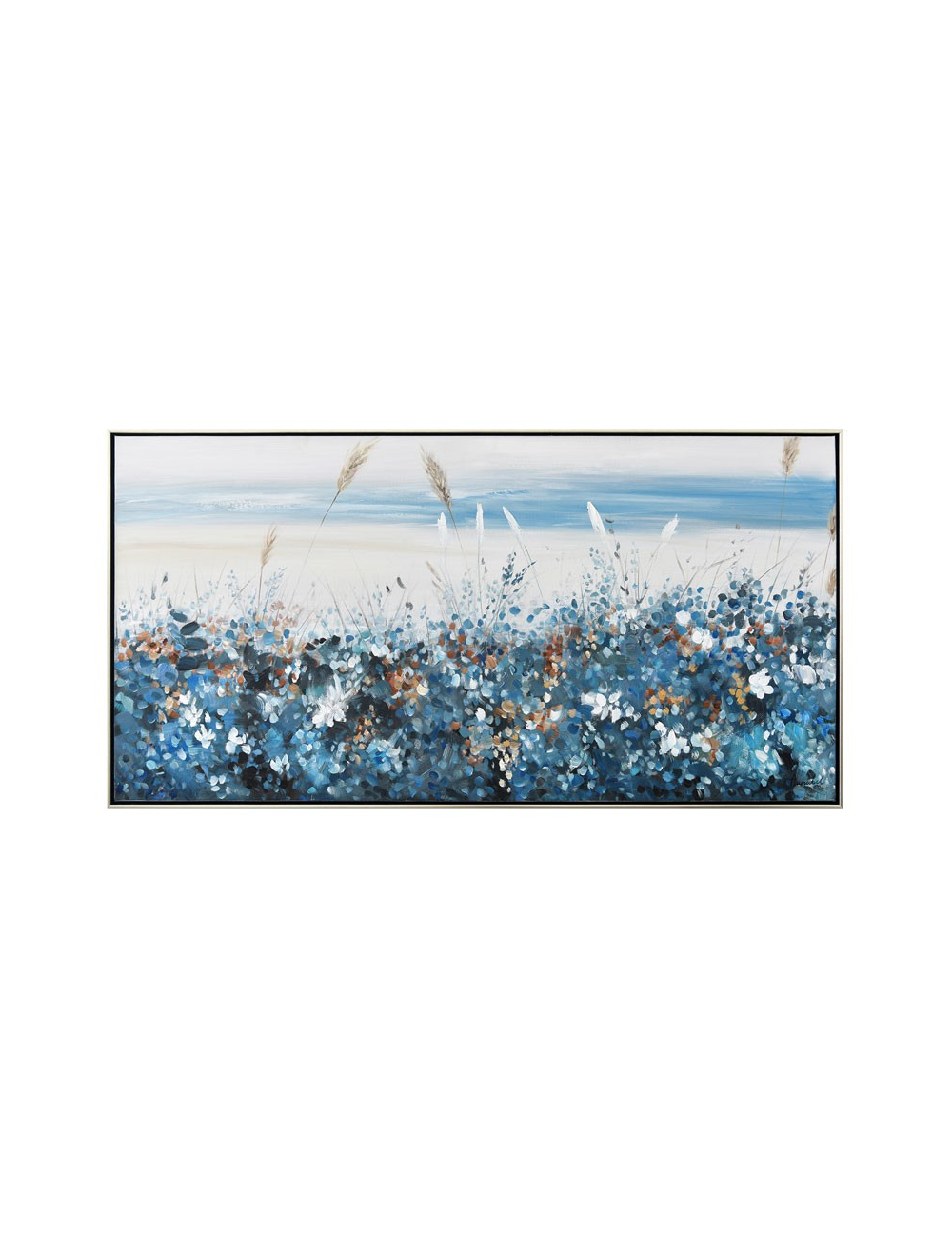 Tableau floral bleu sable – toile 70x140 encadrée moderne