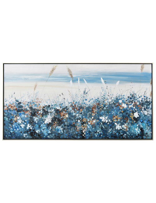 Tableau floral bleu sable – toile 70x140 encadrée moderne
