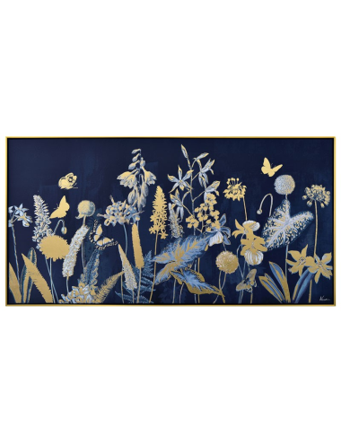 Tableau fleurs bleu nuit et doré – toile 70x140 encadrée