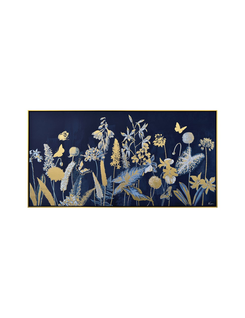 Tableau fleurs bleu nuit et doré – toile 70x140 encadrée