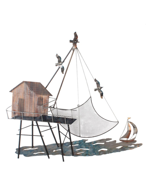 "Cabane tchanquée et filet de pêche", déco murale métal mer