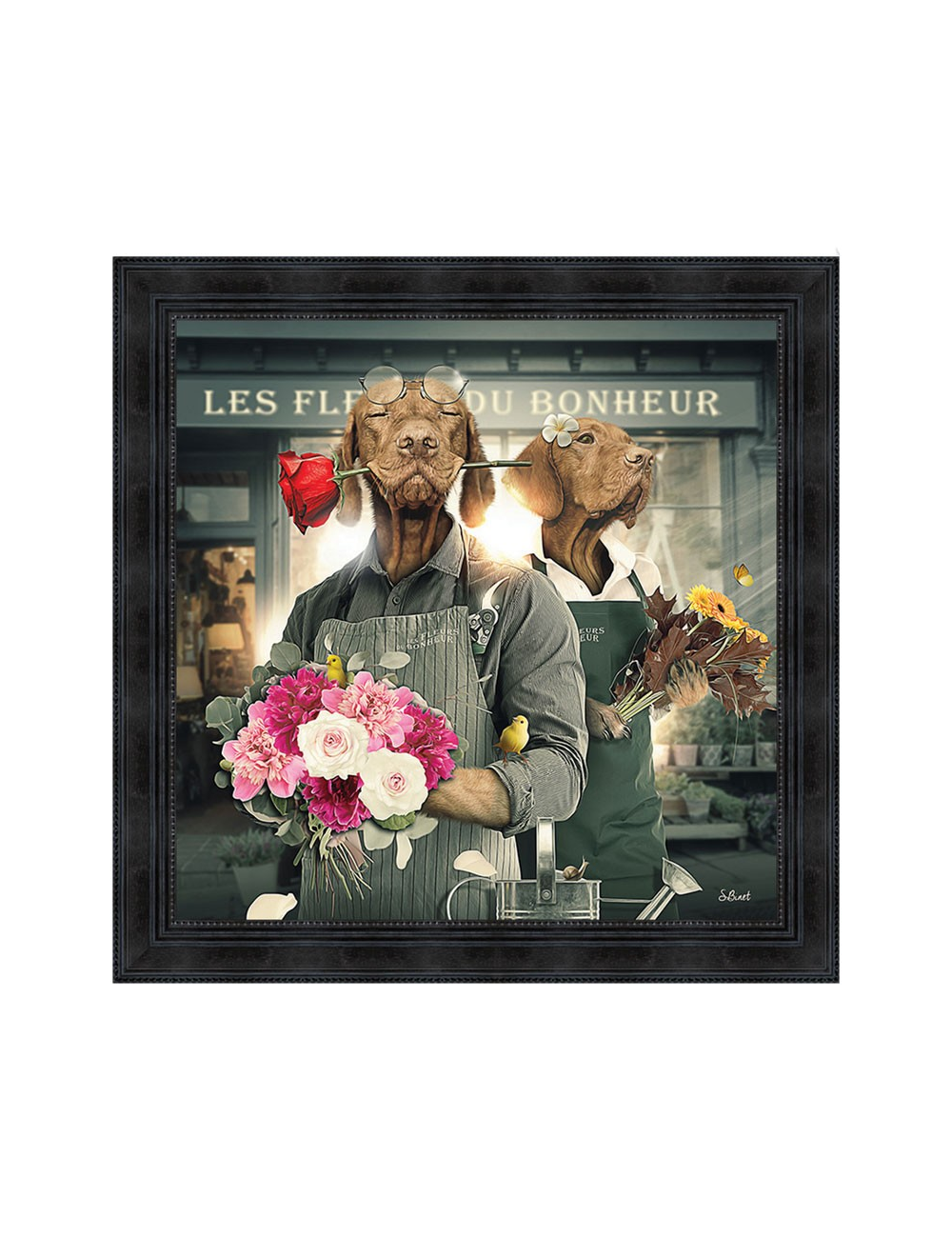 Tableau chiens fleuristes Binet – Décoration murale XXL