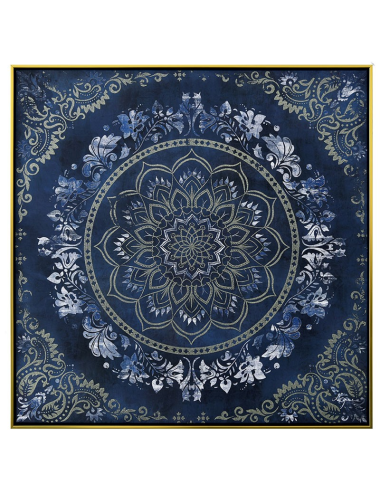 Tableau mandala bleu or argent – toile 80x80 encadrée