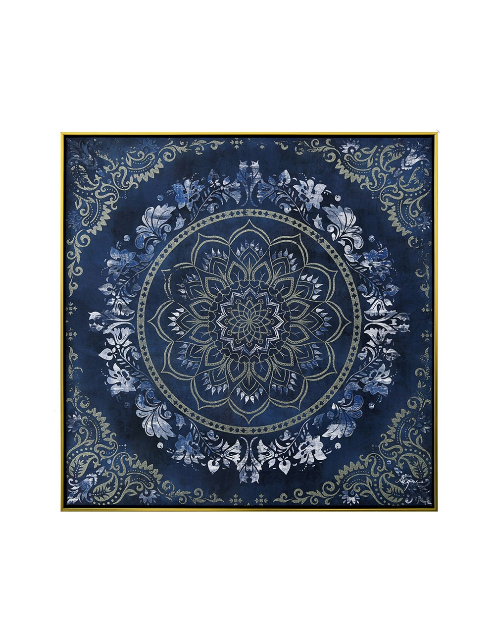 Tableau mandala bleu or argent – toile 80x80 encadrée