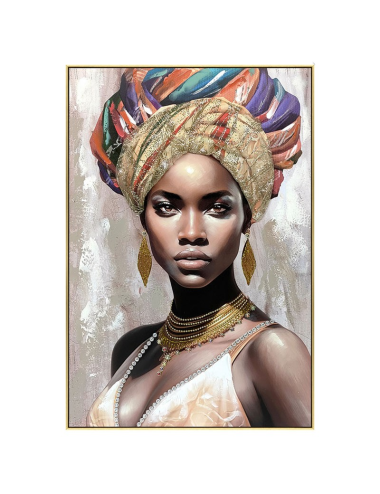 Tableau portrait femme au turban doré et sequins – 60x80