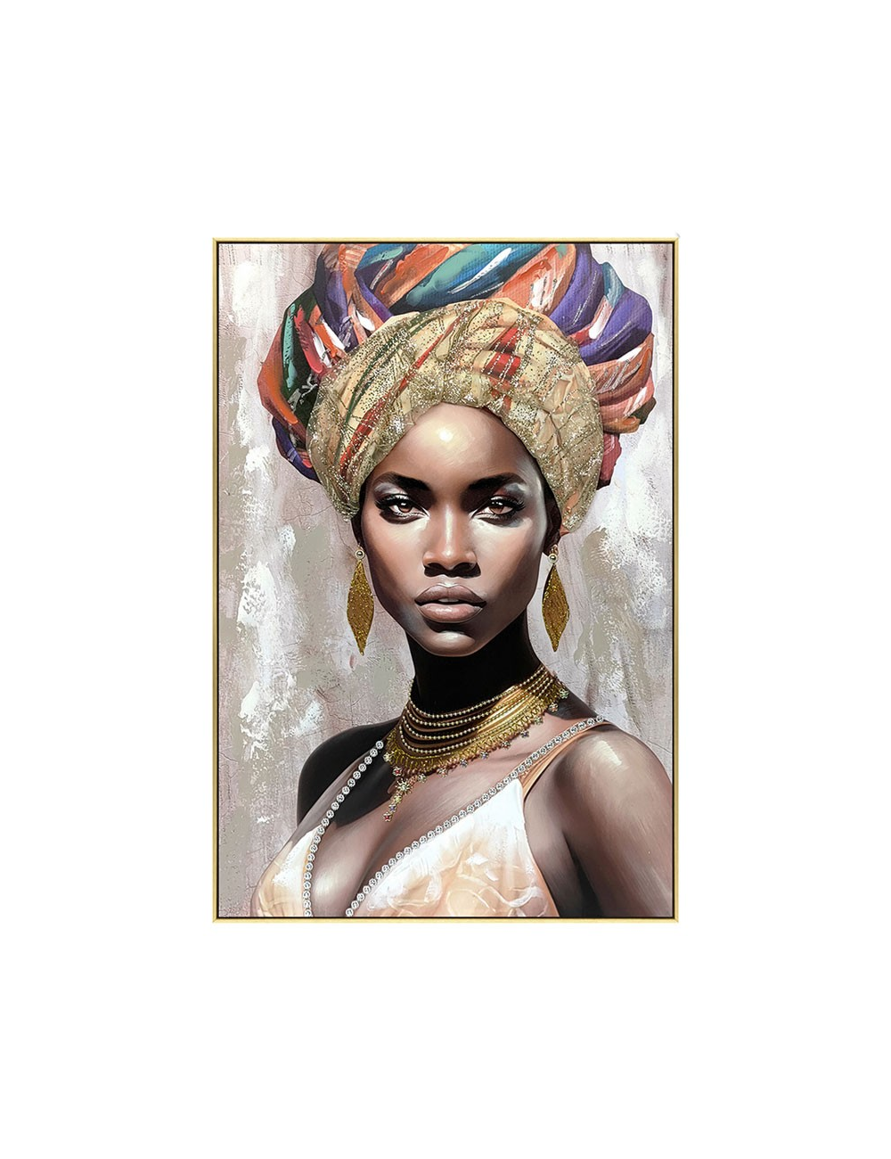 Tableau portrait femme au turban doré et sequins – 60x80