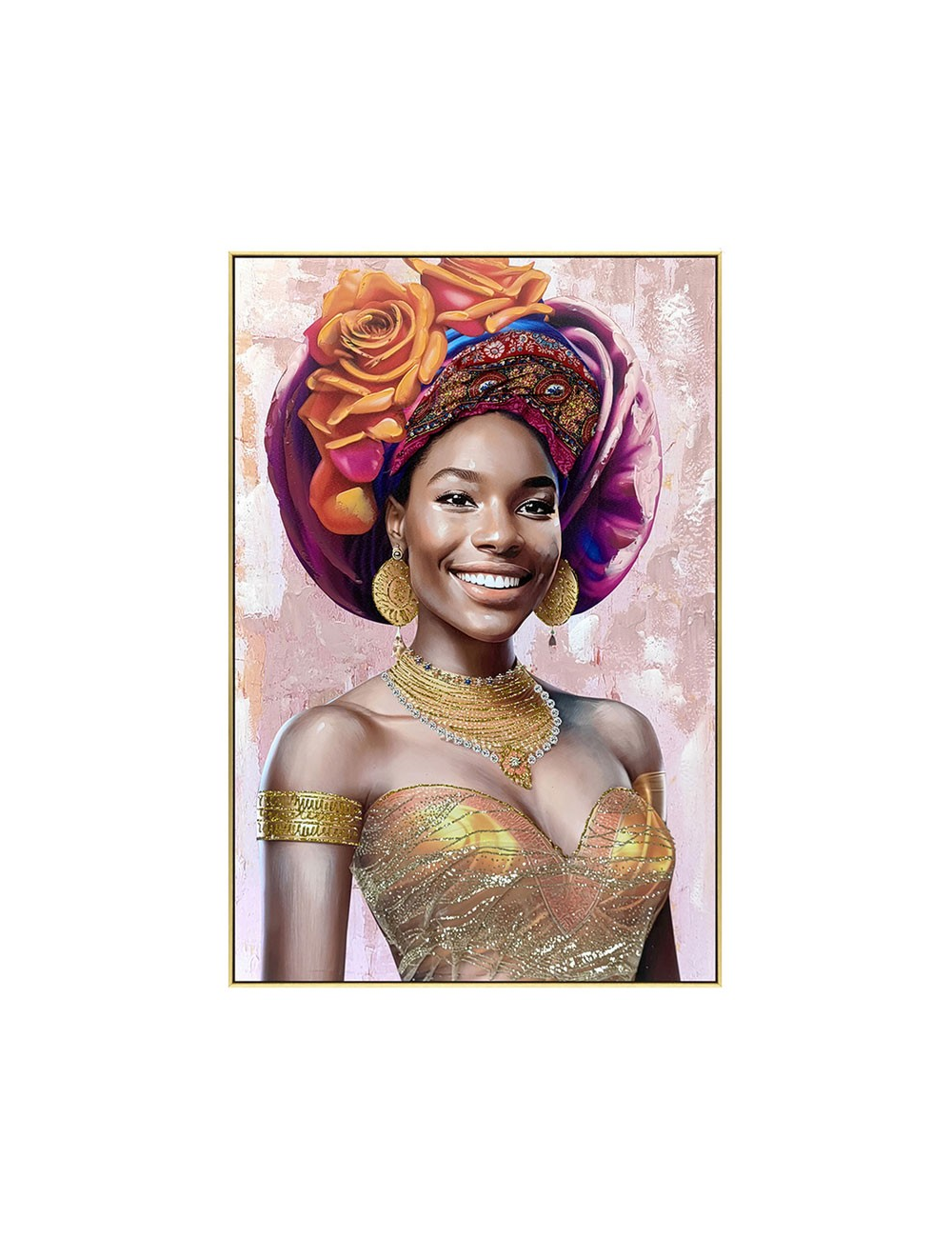 Tableau femme au turban fleuri doré – portrait 60x80