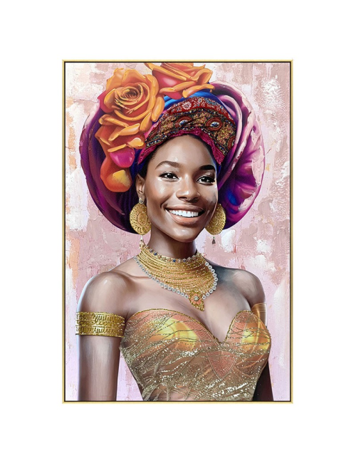 Tableau femme au turban fleuri doré – portrait 60x80