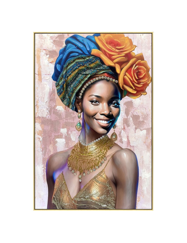 Tableau femme au turban bleu et roses dorées – 60x80 cm