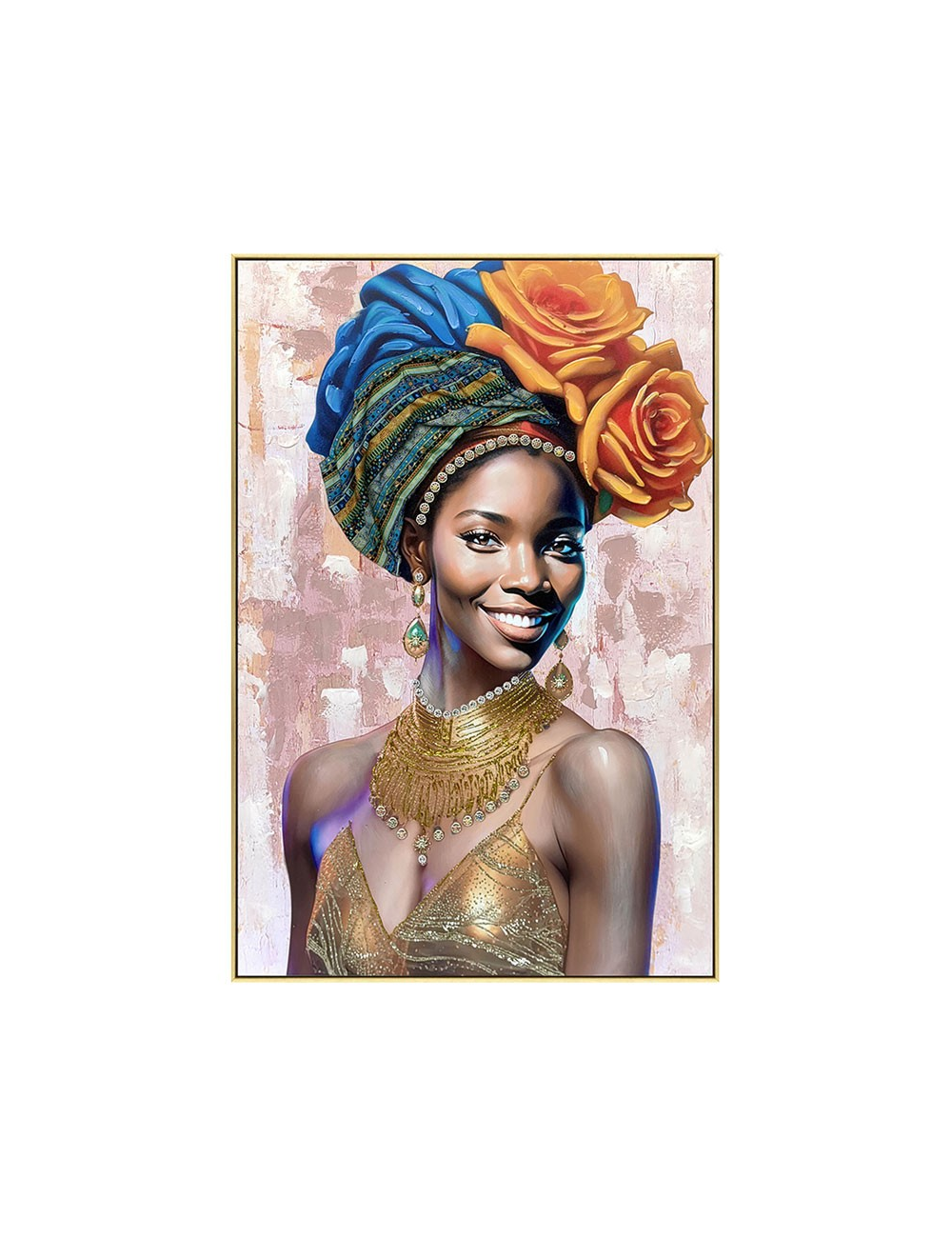Tableau femme au turban bleu et roses dorées – 60x80 cm