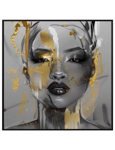 Tableau visage doré abstrait – toile moderne 80x80 cm