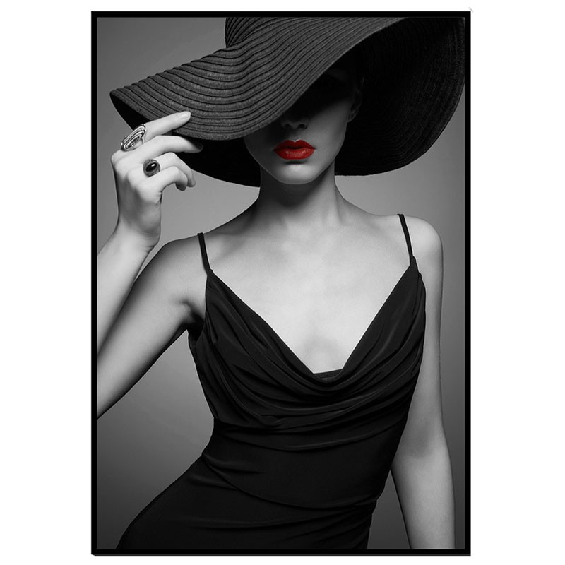 Tableau contemporain Femme au chapeau noir, toile encadrée 70x100cm