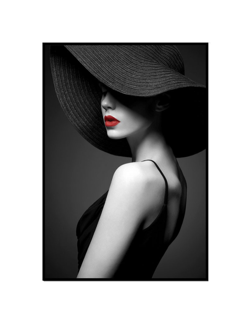 Tableau femme au chapeau noir – toile brillante 70x100 cm