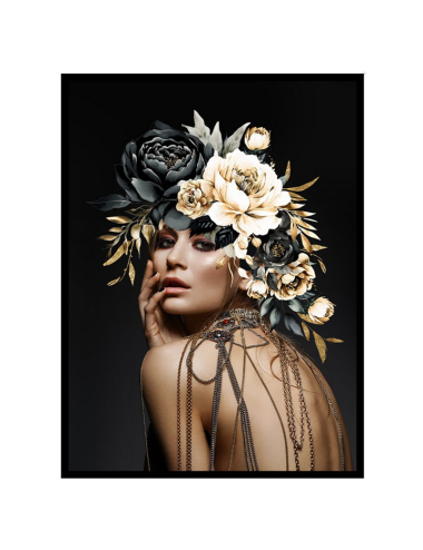 Tableau femme glamour florale – Chaînes & fleurs dorées 60x80