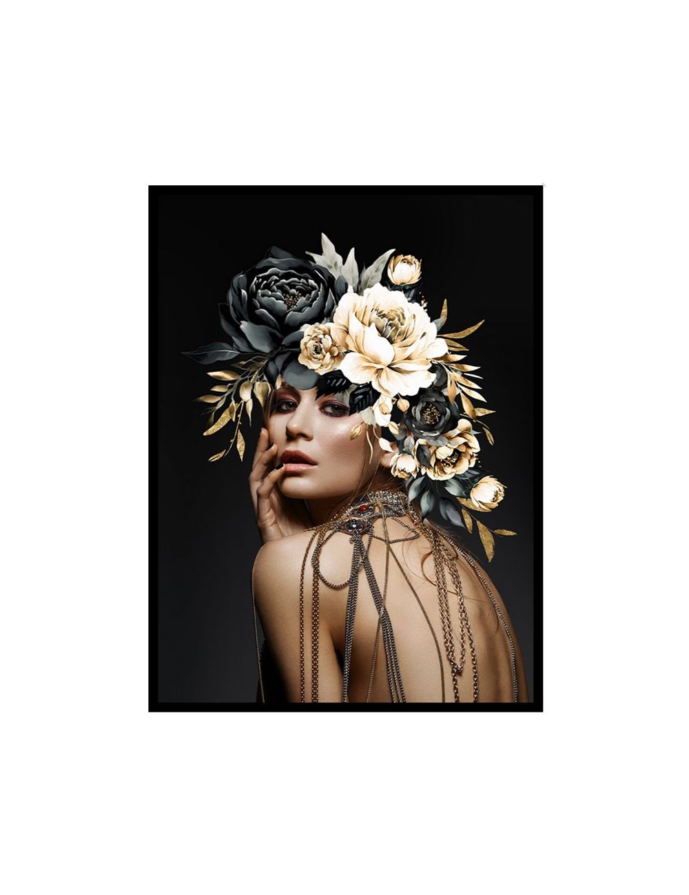 Tableau femme glamour florale – Chaînes & fleurs dorées 60x80