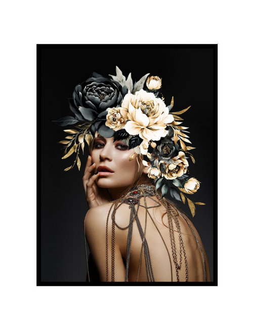 Tableau femme glamour florale – Chaînes & fleurs dorées 60x80