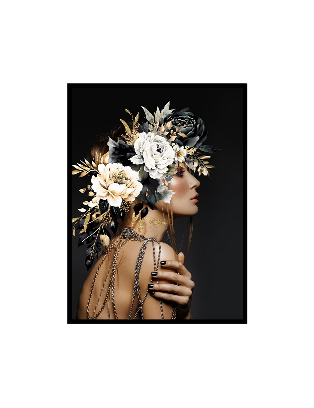 Tableau femme florale élégante – Chaînes & fleurs 60x80