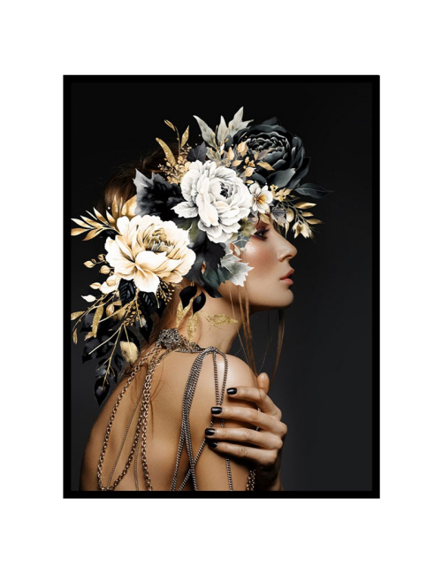 Tableau femme florale élégante – Chaînes & fleurs 60x80