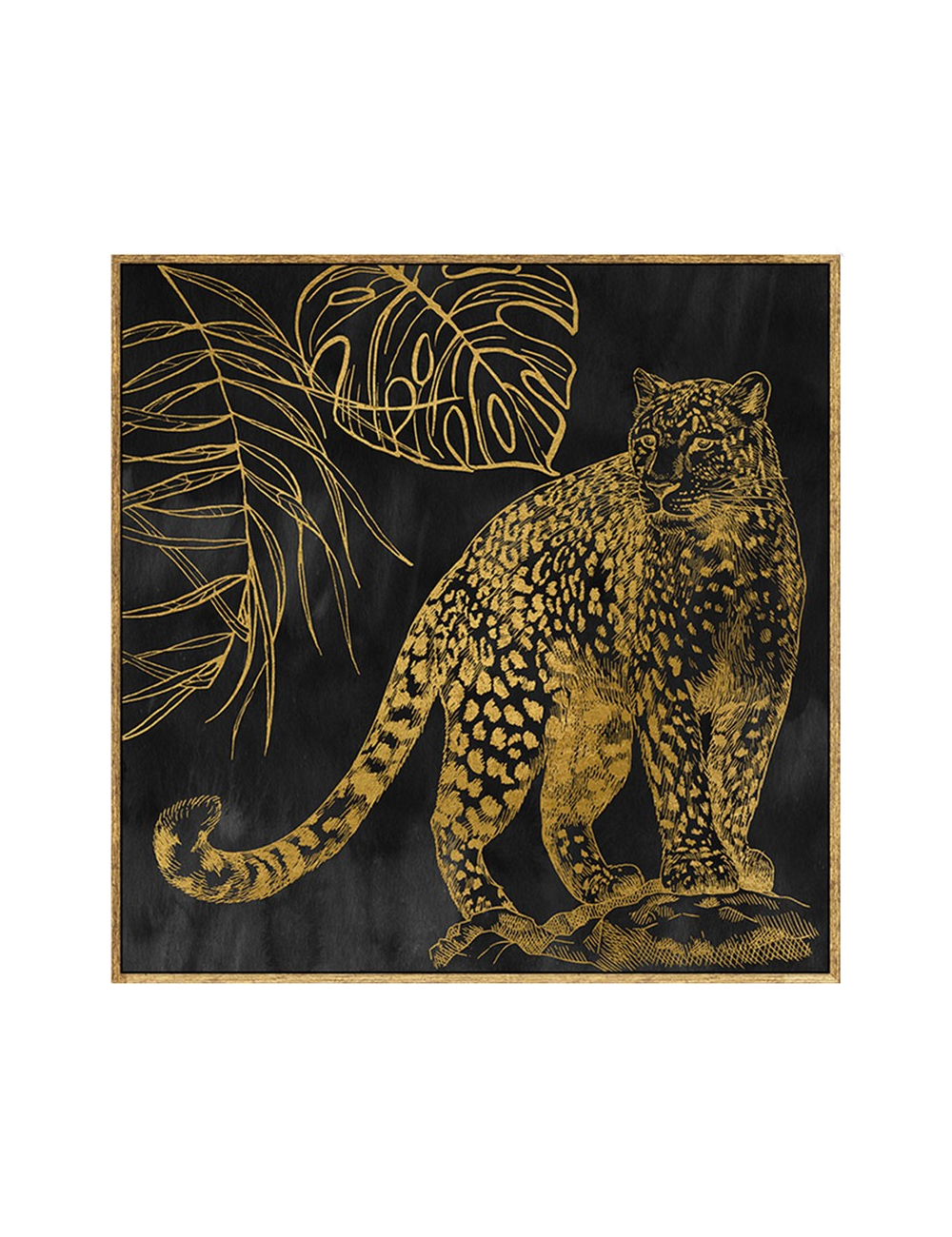 Tableau léopard doré rétro – fond noir 80x80 cm