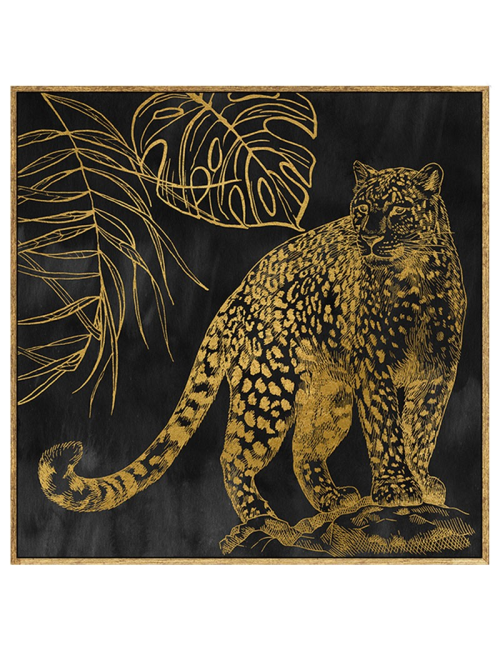 Tableau léopard doré rétro – fond noir 80x80 cm