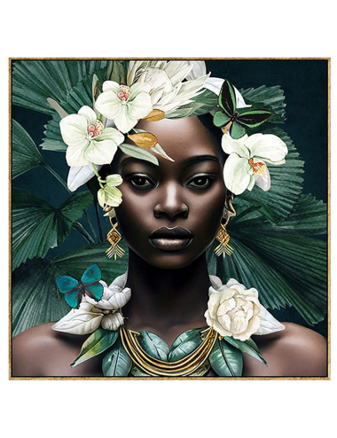 Tableau femme noire fleurie – Portrait exotique 100x100