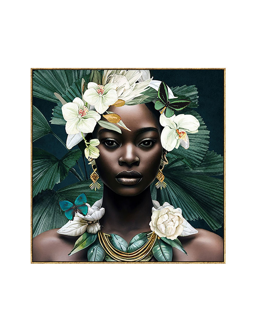 Tableau femme noire fleurie – Portrait exotique 100x100