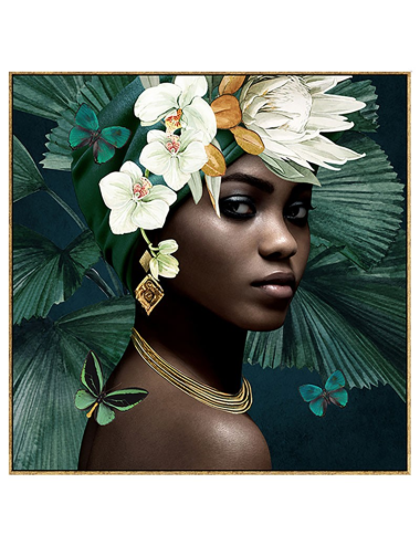 Tableau femme noire au turban vert – Portrait floral 100x100