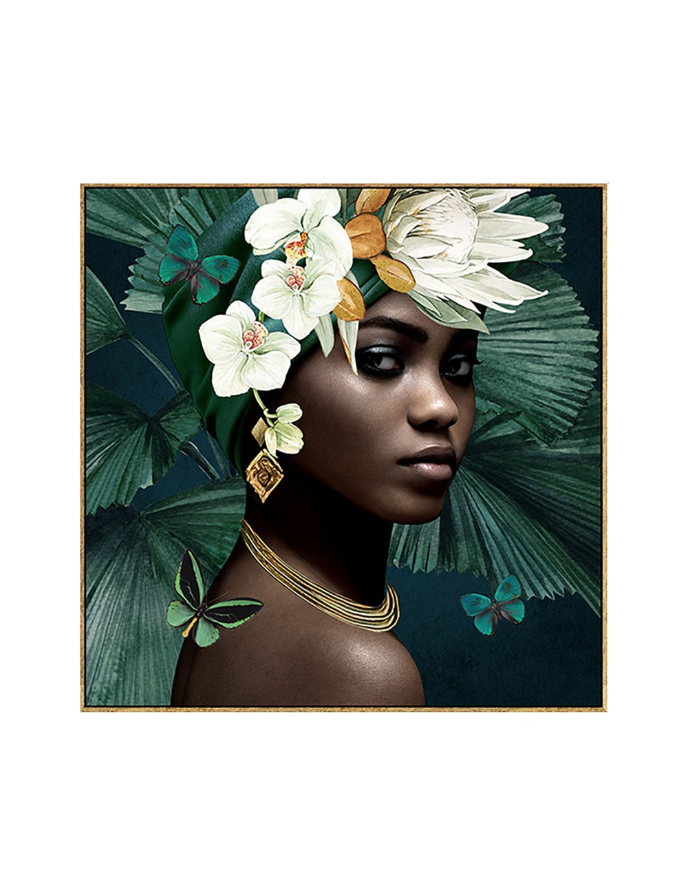 Tableau femme noire au turban vert – Portrait floral 100x100