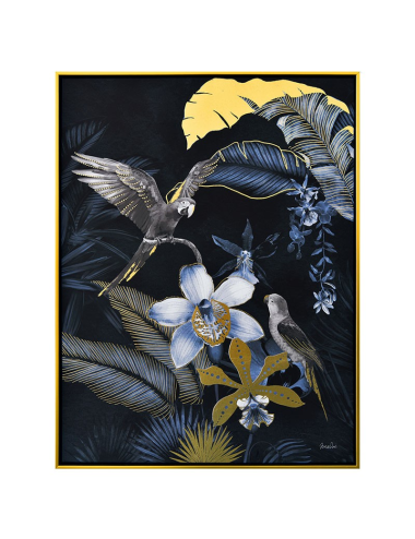Tableau perroquets tropicaux rétro – bleu et doré 60x80 cm