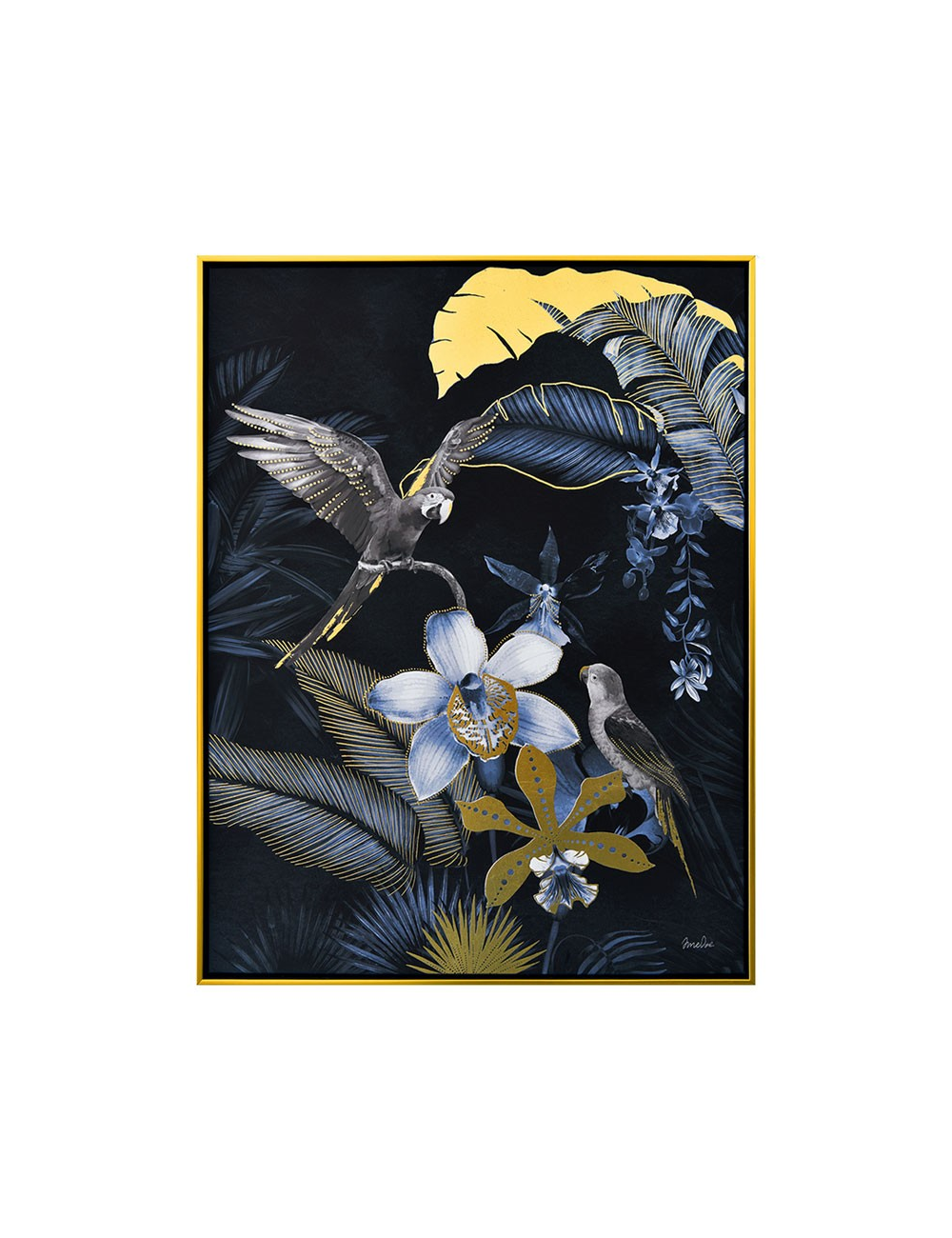 Tableau perroquets tropicaux rétro – bleu et doré 60x80 cm