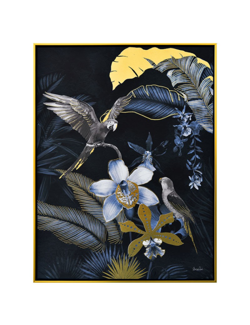 Tableau perroquets tropicaux rétro – bleu et doré 60x80 cm