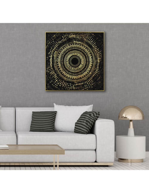 Toile dorée 100x100 – tableau mandala abstrait noir et or
