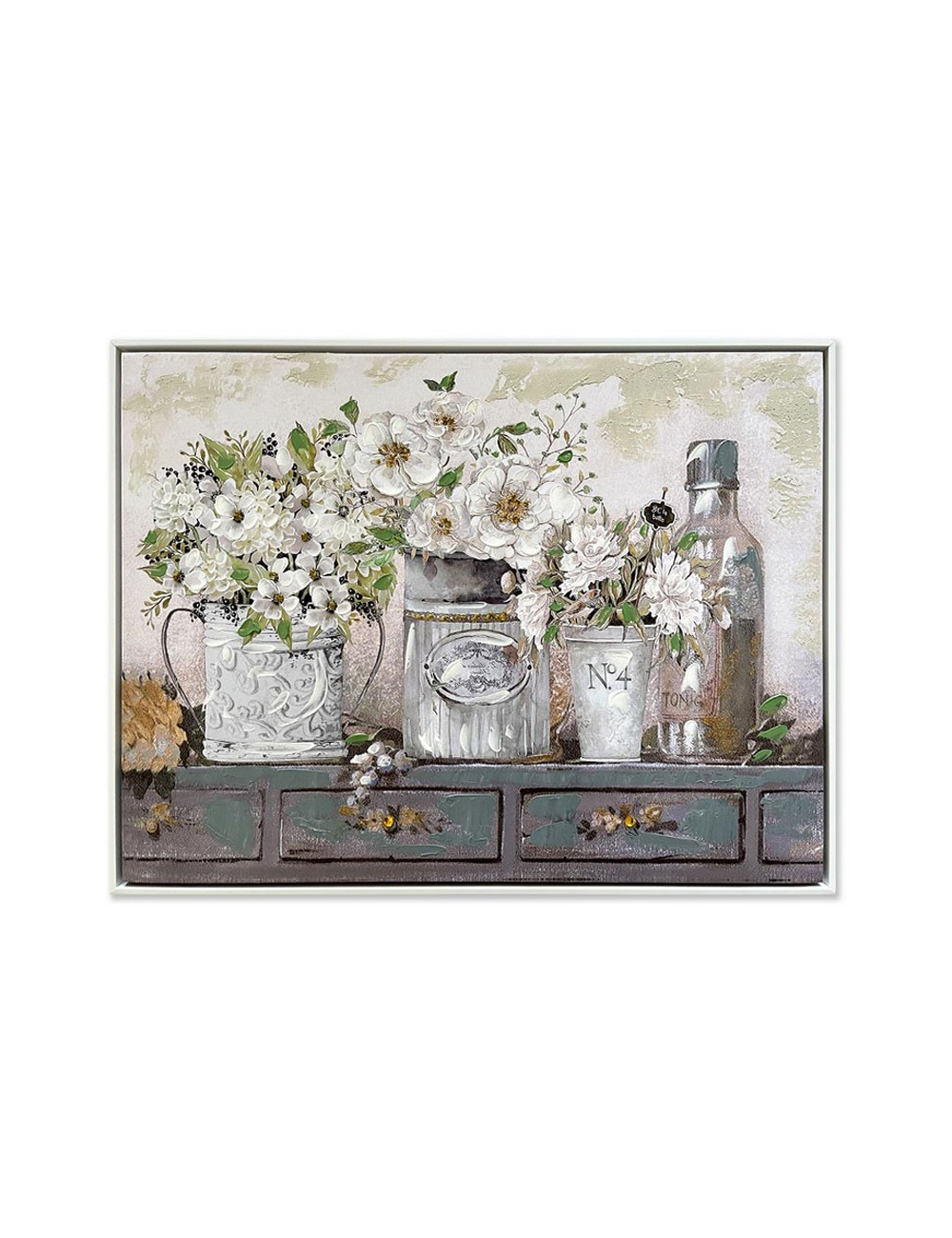 Tableau nature morte fleurs blanches 60x80 – charme rétro chic