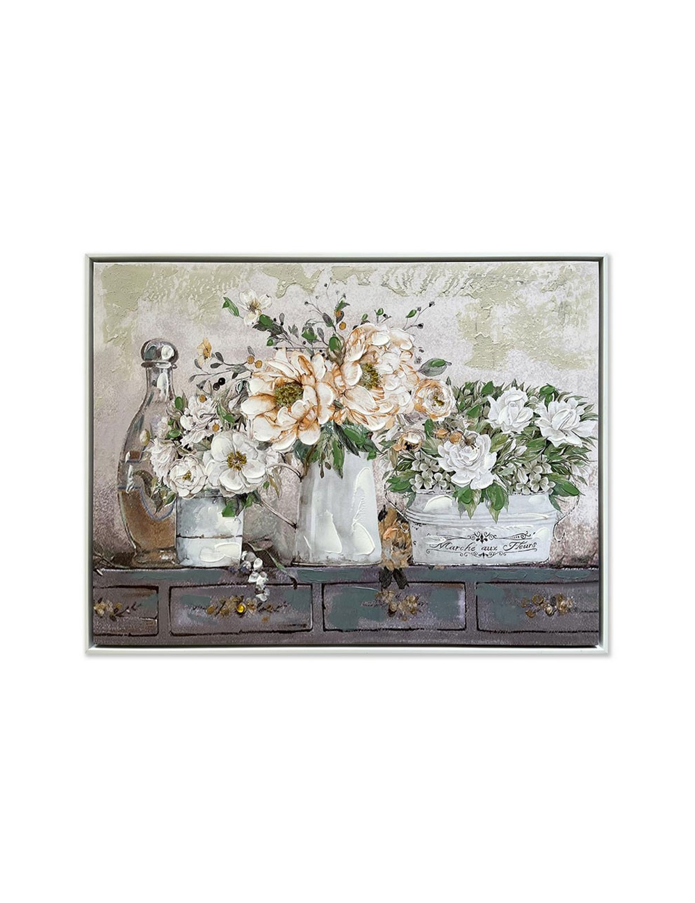 Tableau fleurs blanches et crème 60x80 – toile déco rétro