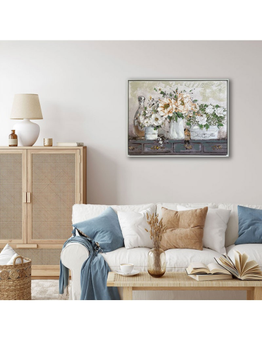 Tableau fleurs blanches et crème 60x80 – toile déco rétro