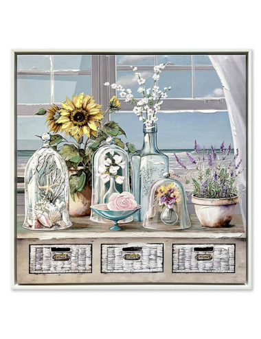 Tableau déco mer et fleurs 60x60 – toile ambiance bord de mer