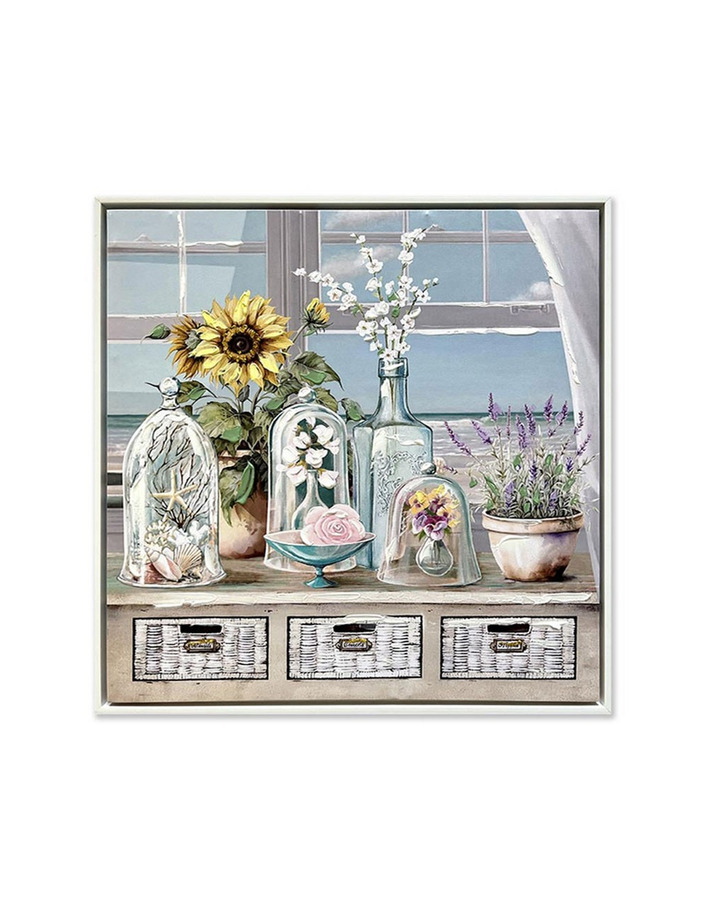 Tableau déco mer et fleurs 60x60 – toile ambiance bord de mer