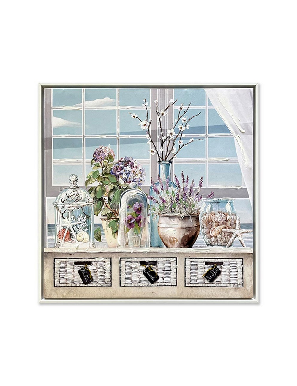 Tableau fleurs et coquillages 60x60 – toile ambiance mer