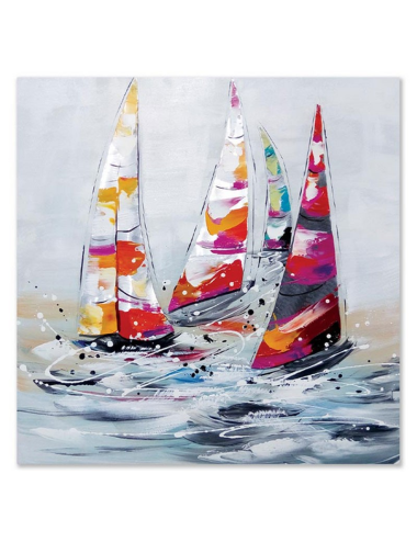 Toile voiliers peinte 80x80 – déco murale rétro colorée