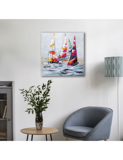 Tableau voiliers colorés – toile peinte 80x80 cm