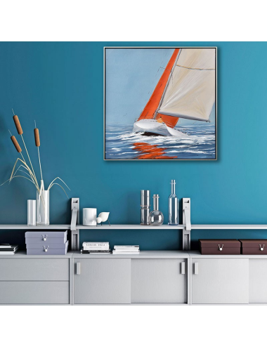 Tableau voilier rouge 80x80 – toile marine encadrée