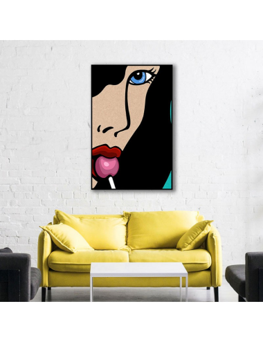 Tableau pop art femme sucette rose 80x120 encadré