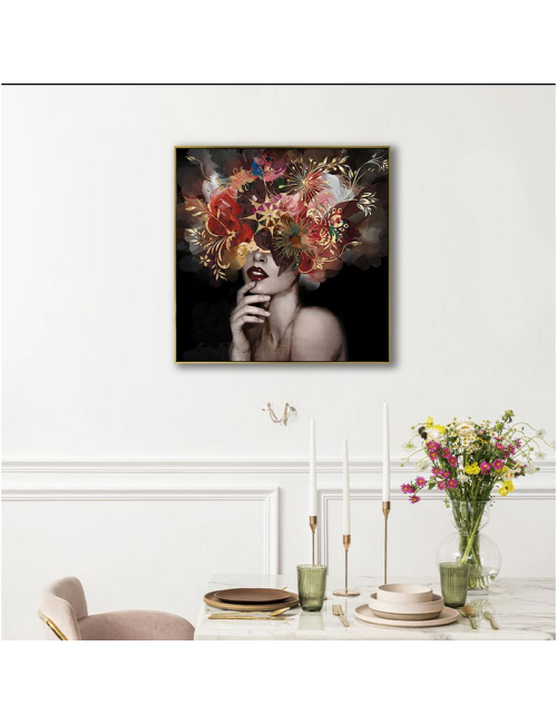 Tableau femme encadré 80x80-Élégance florale